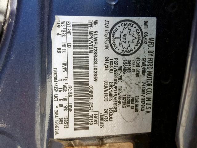 5LMFU28R43LJ02359 - 2003 LINCOLN NAVIGATOR Bleu photo 10