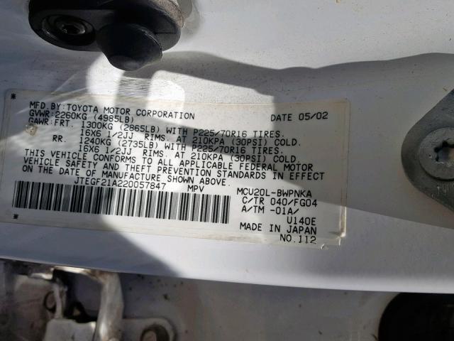 JTEGF21A220057847 - 2002 TOYOTA HIGHLANDER WHITE photo 10