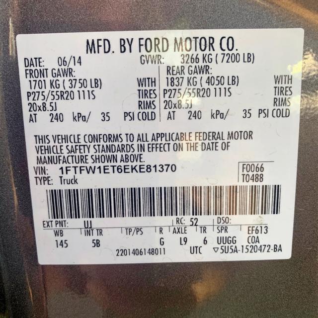 1FTFW1ET6EKE81370 - 2014 FORD F150 SUPER GRAY photo 9