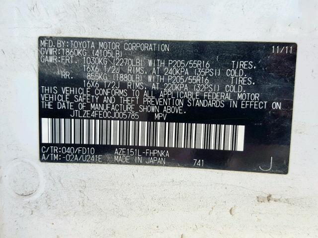 JTLZE4FE0CJ005785 - 2012 TOYOTA SCION XB 白色 照片 10