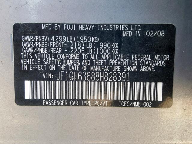 JF1GH63688H828391 - 2008 SUBARU IMPREZA OU GRAY photo 10