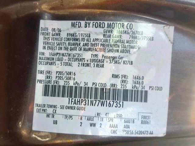 1FAHP31N77W167351 - 2007 FORD FOCUS ZX3 GRAY photo 10