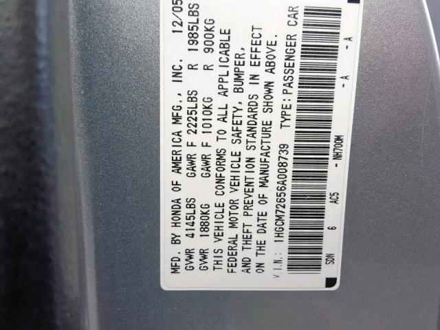 1HGCM72656A008739 - 2006 HONDA ACCORD EX SILVER photo 10