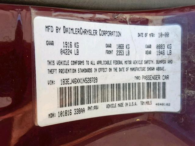 1B3EJ46XX1N528729 - 2001 DODGE STRATUS SE MAROON photo 10