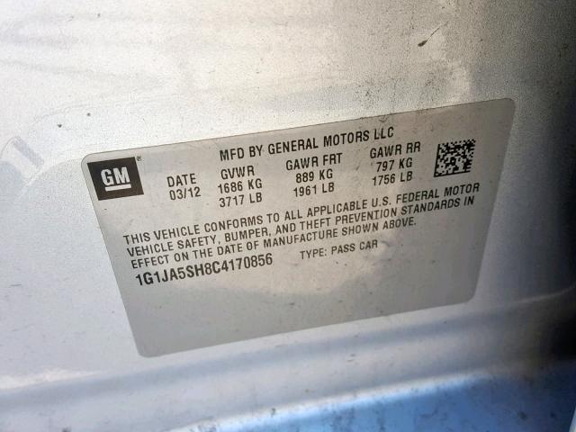 1G1JA5SH8C4170856 - 2012 CHEVROLET SONIC LS 银色 照片 10