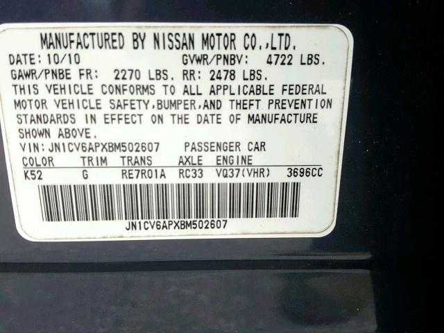 JN1CV6APXBM502607 - 2011 INFINITI G37 BASE BLUE photo 10