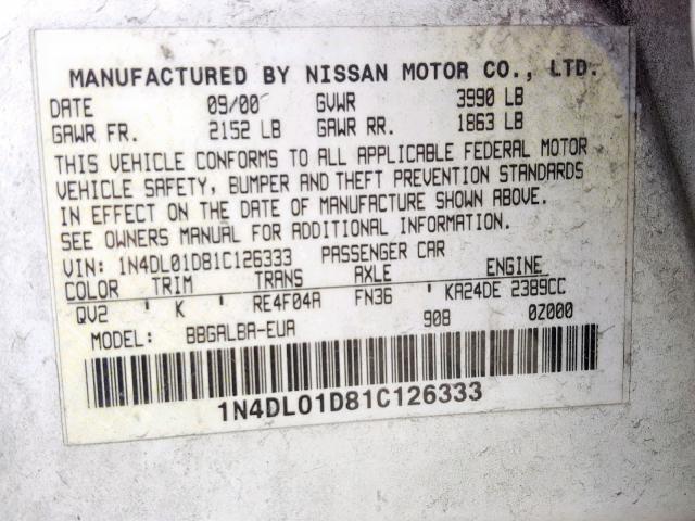 1N4DL01D81C126333 - 2001 NISSAN ALTIMA XE WHITE photo 10