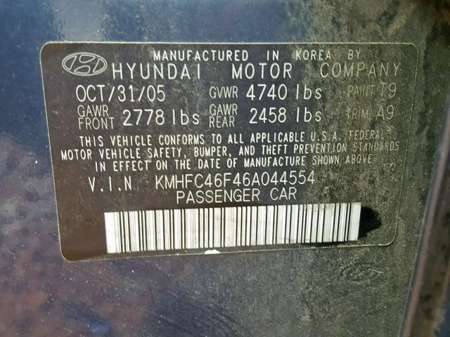 KMHFC46F46A044554 - 2006 HYUNDAI AZERA SE BLUE photo 10