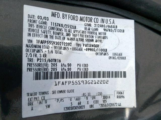 1FAFP55S93G212202 - 2003 FORD TAURUS SES GRAY photo 10
