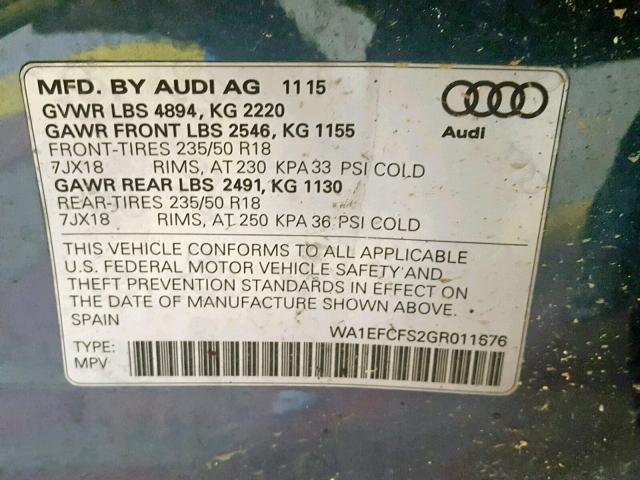 WA1EFCFS2GR011676 - 2016 AUDI Q3 PREMIUM BLUE photo 10