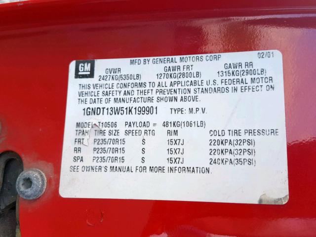 1GNDT13W51K199901 - 2001 CHEVROLET BLAZER RED photo 10