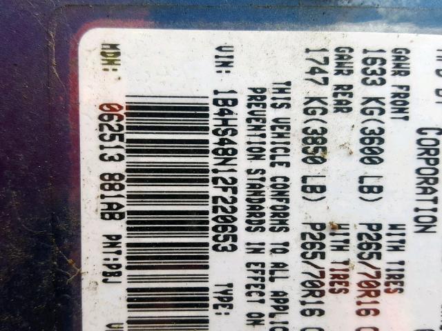 1B4HS48N12F220653 - 2002 DODGE DURANGO SL BLUE photo 10