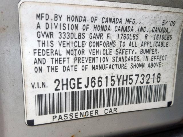 2HGEJ6615YH573216 - 2000 HONDA CIVIC BASE 银色 照片 10