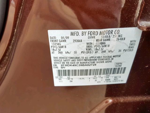 2FMDK49C39BA92728 - 2009 FORD EDGE LIMIT BURGUNDY photo 10