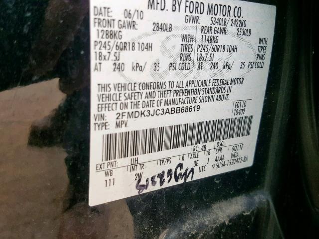 2FMDK3JC3ABB68619 - 2010 FORD EDGE SEL BLACK photo 10