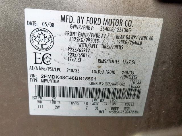 2FMDK48C48BB15501 - 2008 FORD EDGE SEL GRAY photo 10