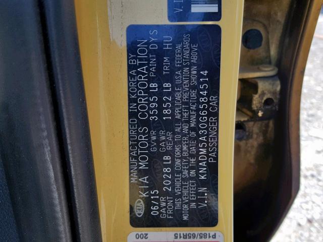 KNADM5A30G6584514 - 2016 KIA RIO LX YELLOW photo 10