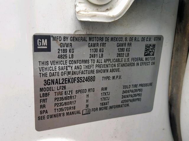 3GNAL2EK0FS524680 - 2015 CHEVROLET CAPTIVA LS 白色 照片 10