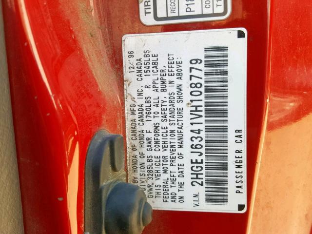 2HGEJ6341VH108779 - 1997 HONDA CIVIC DX RED photo 10