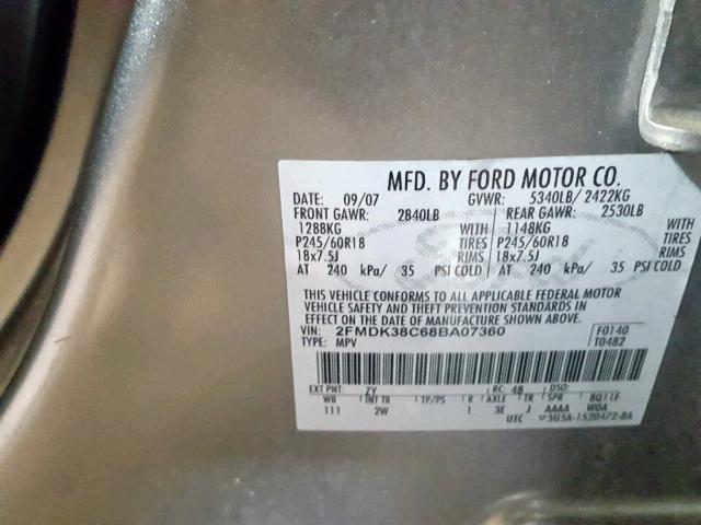 2FMDK38C68BA07360 - 2008 FORD EDGE SEL GRAY photo 10