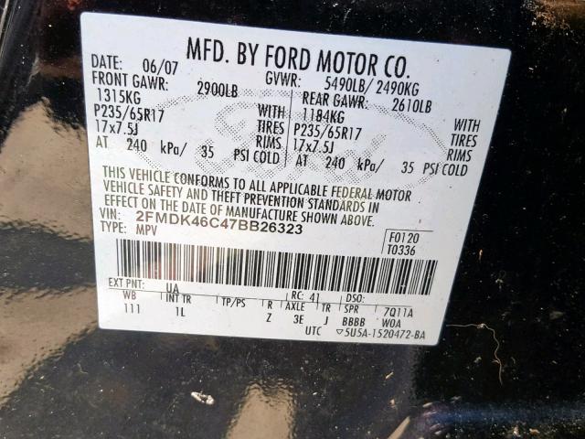 2FMDK46C47BB26323 - 2007 FORD EDGE SE BLACK photo 10