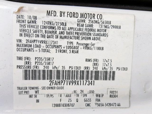 2FAHP71V99X117341 - 2009 FORD CROWN VICT WHITE photo 10