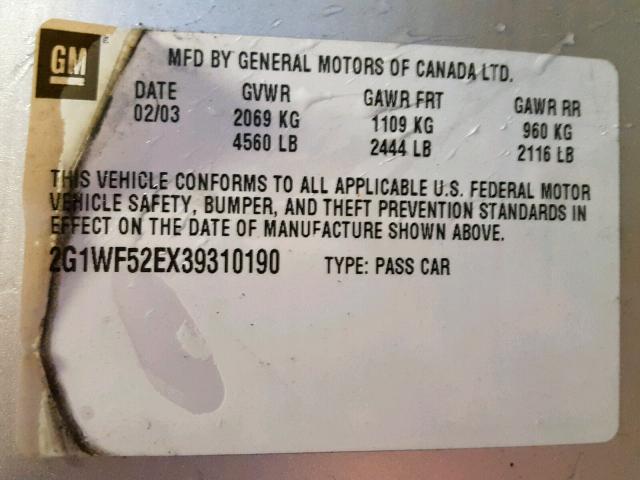 2G1WF52EX39310190 - 2003 CHEVROLET IMPALA SILVER photo 10