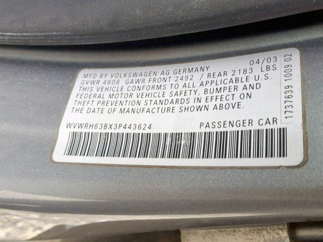 WVWRH63BX3P443624 - 2003 VOLKSWAGEN PASSAT GLX 灰色 照片 10