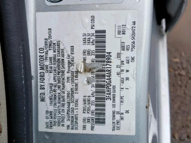 3FAHP0GA4AR178904 - 2010 FORD FUSION S SILVER photo 10