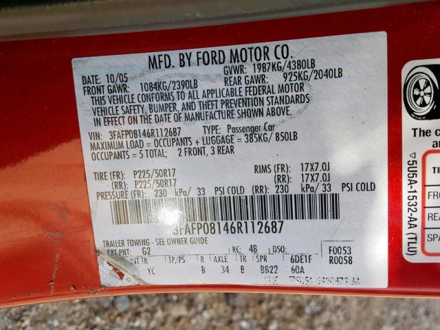 3FAFP08146R112687 - 2006 FORD FUSION SEL RED photo 10