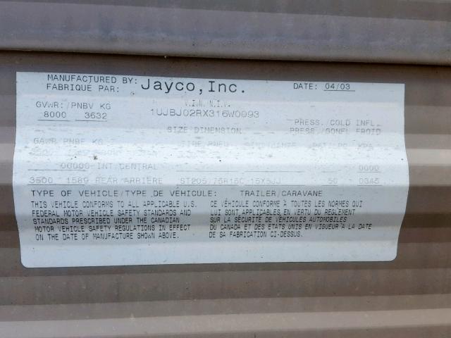 1UJBJ02RX316W0093 - 2003 JAYCO QUEST WHITE photo 10