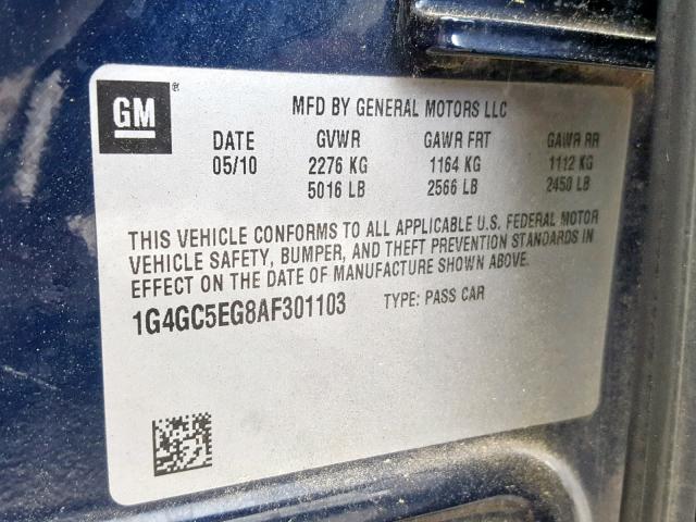 1G4GC5EG8AF301103 - 2010 BUICK LACROSSE C BLUE photo 10