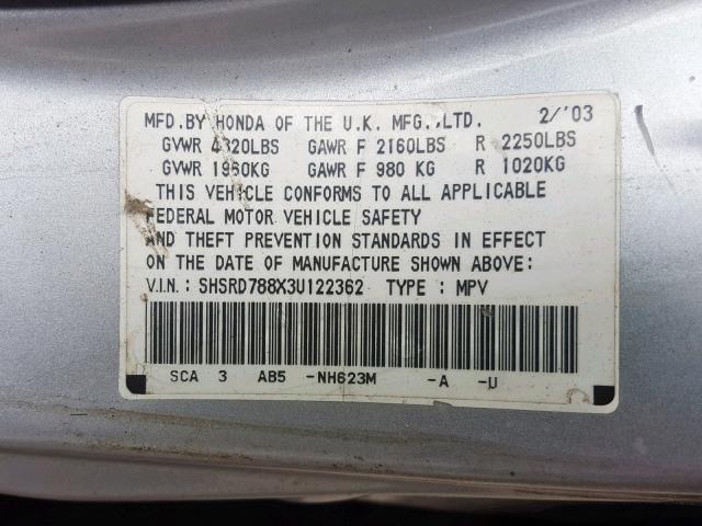 SHSRD788X3U122362 - 2003 HONDA CR-V EX SILVER photo 10