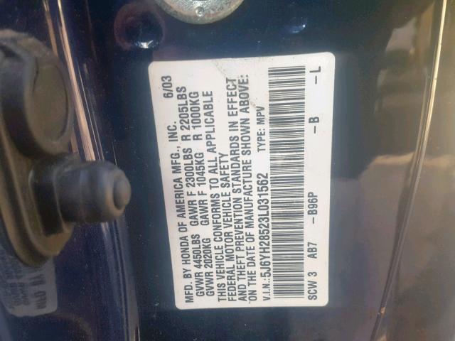 5J6YH28523L031562 - 2003 HONDA ELEMENT EX BLUE photo 10