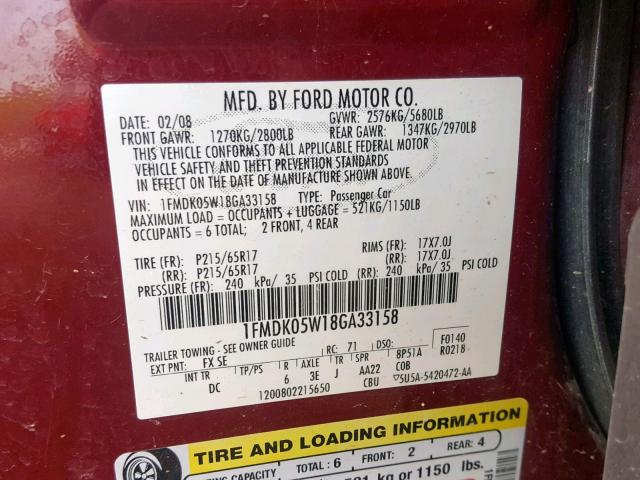 1FMDK05W18GA33158 - 2008 FORD TAURUS X S RED photo 10