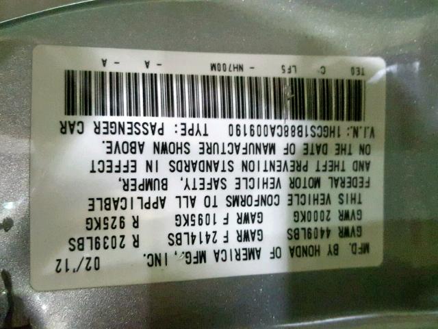 1HGCS1B88CA009190 - 2012 HONDA ACCORD EXL SILVER photo 10