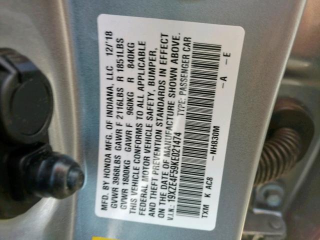 19XZE4F59KE021474 - 2019 HONDA INSIGHT EX SILVER photo 10