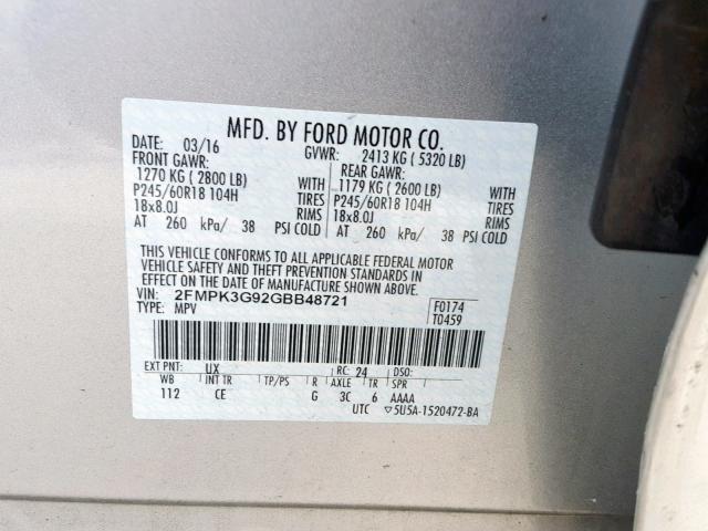 2FMPK3G92GBB48721 - 2016 FORD EDGE SE SILVER photo 10