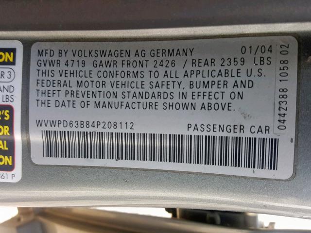 WVWPD63B84P208112 - 2004 VOLKSWAGEN PASSAT GLS GRAY photo 10