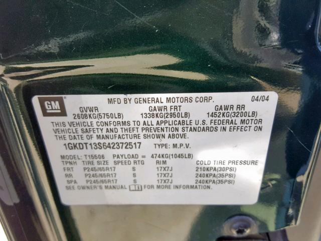 1GKDT13S642372517 - 2004 GMC ENVOY GREEN photo 10