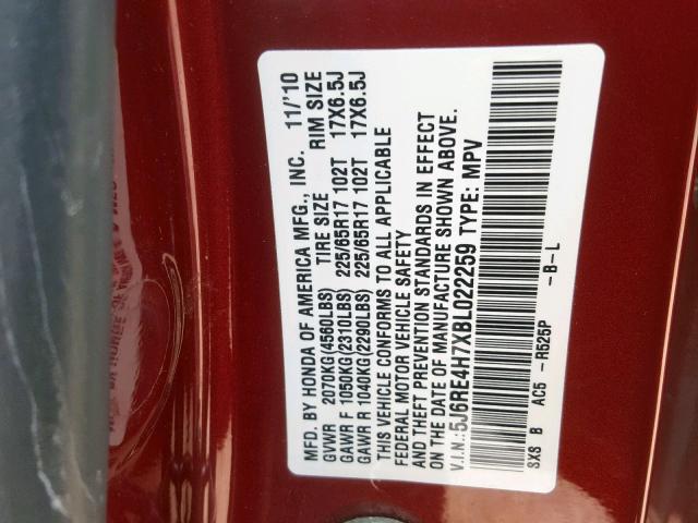 5J6RE4H7XBL022259 - 2011 HONDA CR-V EXL MAROON photo 10