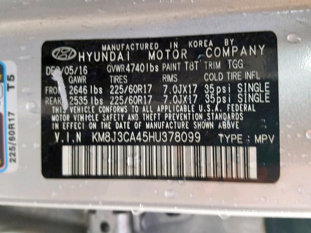 KM8J3CA45HU378099 - 2017 HYUNDAI TUCSON LIM SILVER photo 10