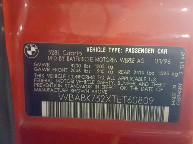 WBABK732XTET60809 - 1996 BMW 328 IC RED photo 10