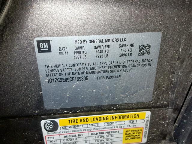 1G1ZC5E09CF139896 - 2012 CHEVROLET MALIBU 1LT 棕色 照片 10