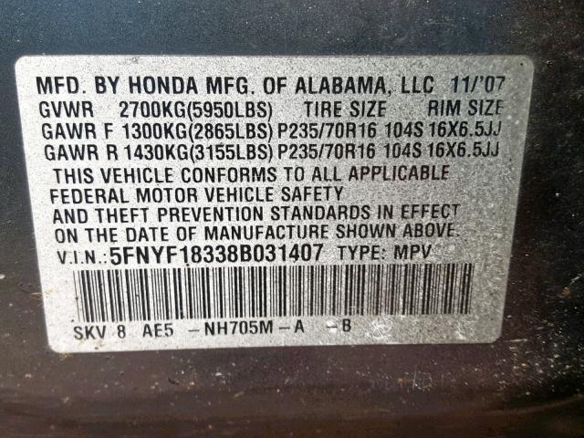 5FNYF18338B031407 - 2008 HONDA PILOT SE GRAY photo 10