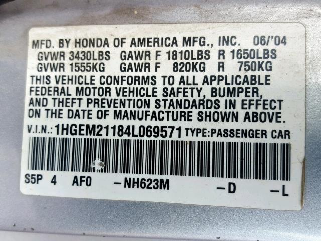 1HGEM21184L069571 - 2004 HONDA CIVIC DX V SILVER photo 10