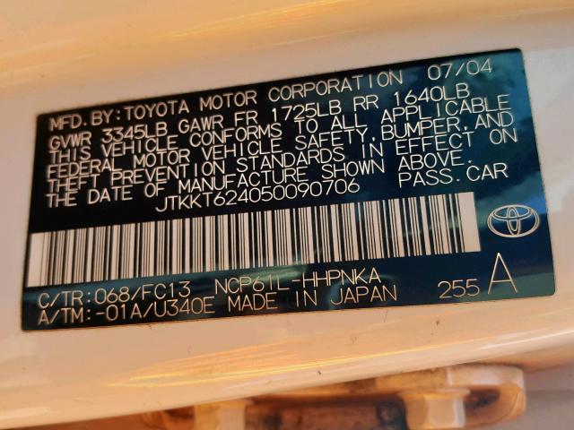 JTKKT624050090706 - 2005 TOYOTA SCION XA WHITE photo 10