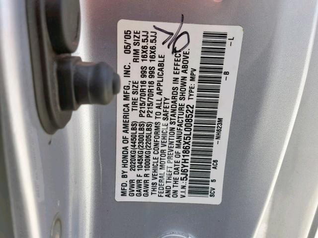 5J6YH186X5L008522 - 2005 HONDA ELEMENT EX SILVER photo 10