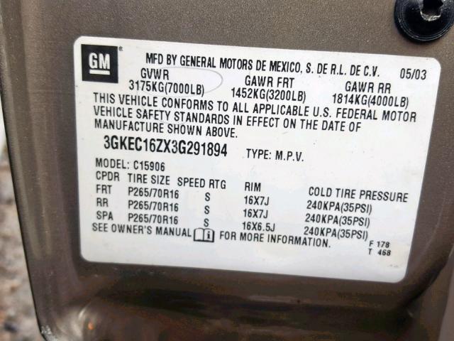 3GKEC16ZX3G291894 - 2003 GMC YUKON XL C GOLD photo 10