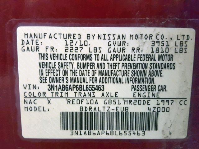 3N1AB6AP6BL655463 - 2011 NISSAN SENTRA 2.0 RED photo 10